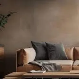 Klimatyzator Toshiba Daiseikai 10 w drewnianej obudowie, zamontowany nad brązową sofą w nowoczesnym wnętrzu. Minimalistyczny design, neutralna kolorystyka.