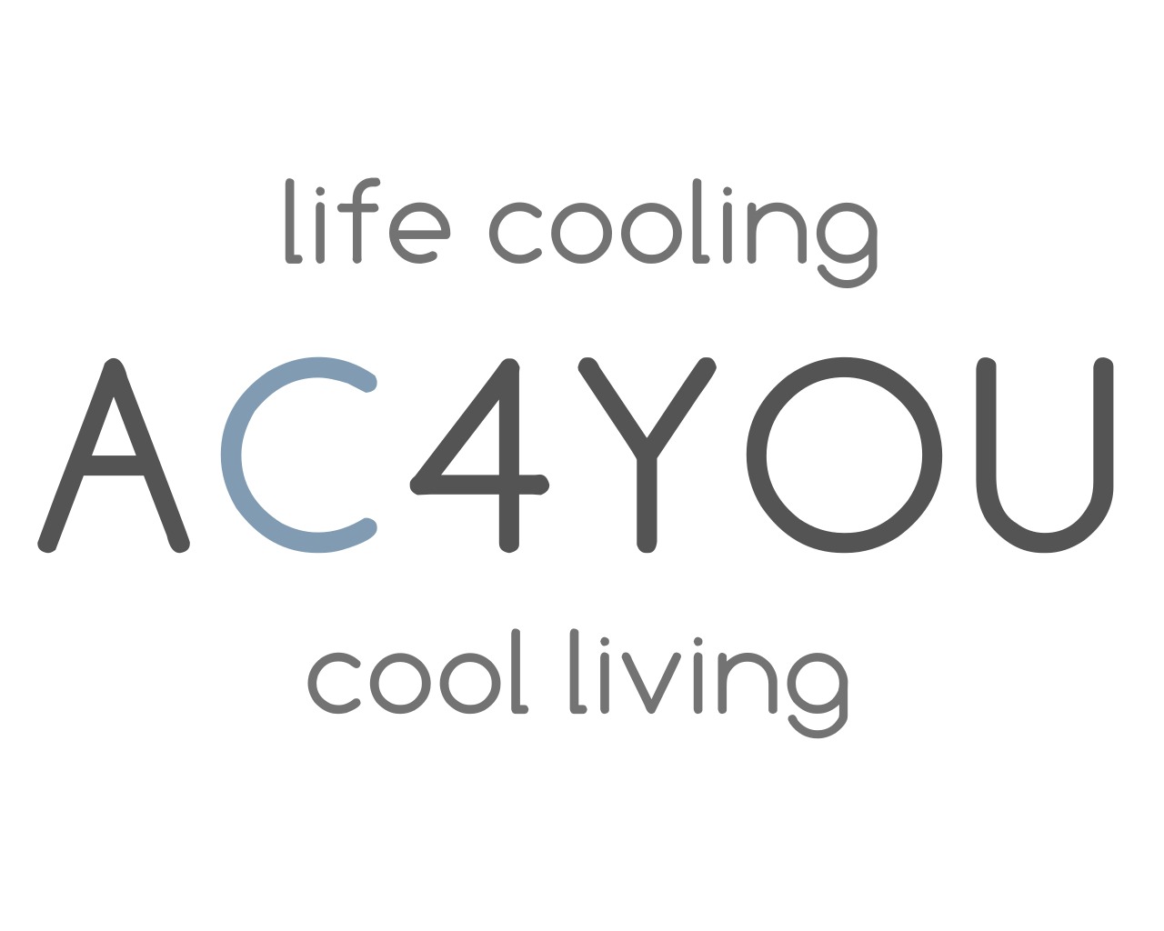 Minimalistyczne logo AC4YOU w szarościach z hasłami 'life cooling' i 'cool living' na białym tle. C w nazwie w odcieniu błękitu.