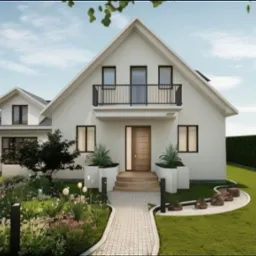 Wizualizacja domu z ogrodem: schludny trawnik, kwitnąca rabata kwiatowa z białymi i różowymi kwiatami, ścieżka z kostki brukowej prowadząca do wejścia, żywopłot w tle.