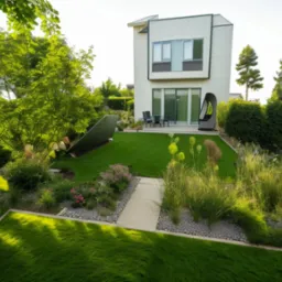 Nowoczesny ogr&oacute;d z minimalistyczną architekturą domu w tle, trawnik z precyzyjnie przyciętą trawą, ścieżka z jasnych płyt, dekoracyjne rośliny i krzewy, oraz elementy rzeźbiarskie.