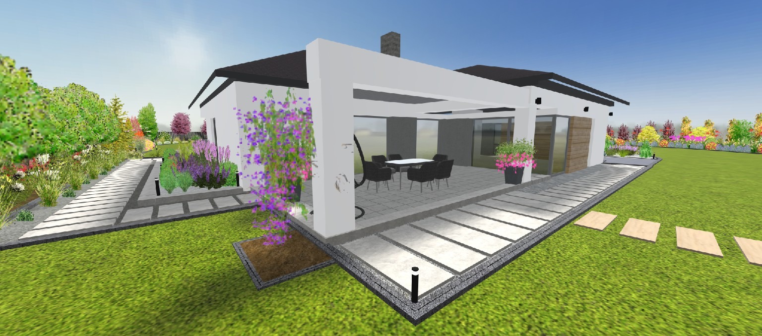 Wizualizacja ogrodu z nowoczesnym domem, patio z meblami ogrodowymi, ścieżki z płyt betonowych i różnorodna roślinność.