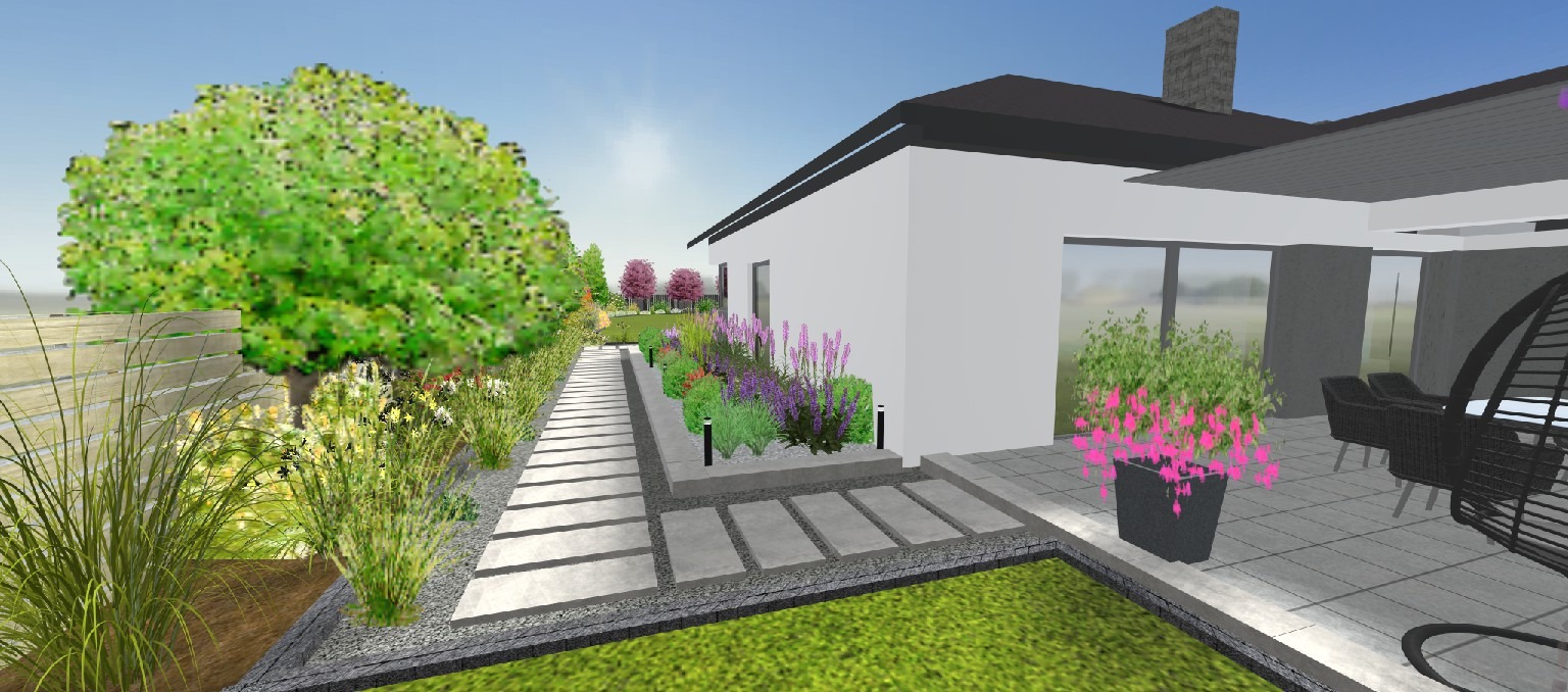 Wizualizacja 3D ogrodu z nowoczesnym domem, ścieżka z płyt betonowych, rabaty z lawendą i innymi kwiatami, trawnik, oświetlenie ogrodowe, taras z meblami ogrodowymi.
