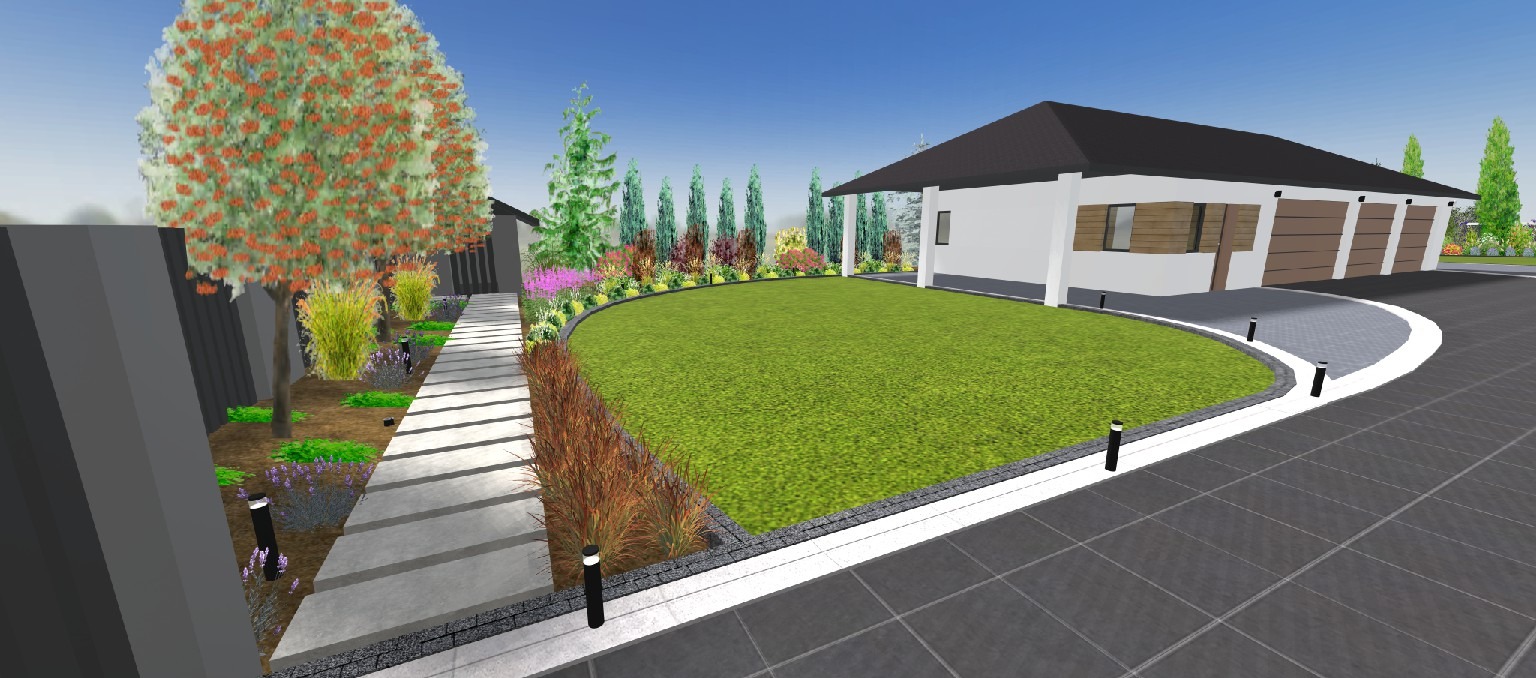 Wizualizacja 3D ogrodu z trawnikiem, ścieżką z płyt betonowych, rabatami z kwitnącymi roślinami i drzewami, oraz podjazdem z kostki brukowej przed domem z trzema garażami.