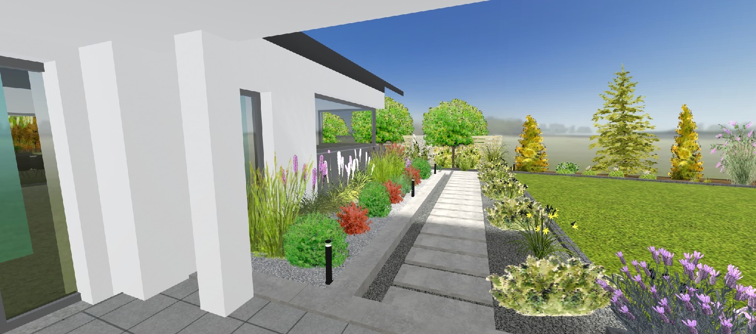 Wizualizacja ogrodu przydomowego z nowoczesną architekturą: ścieżka z płyt betonowych, rabaty z ozdobnymi trawami, kulistymi krzewami i fioletowymi kwiatami, oświetlenie punktowe wzdłuż ścieżki.