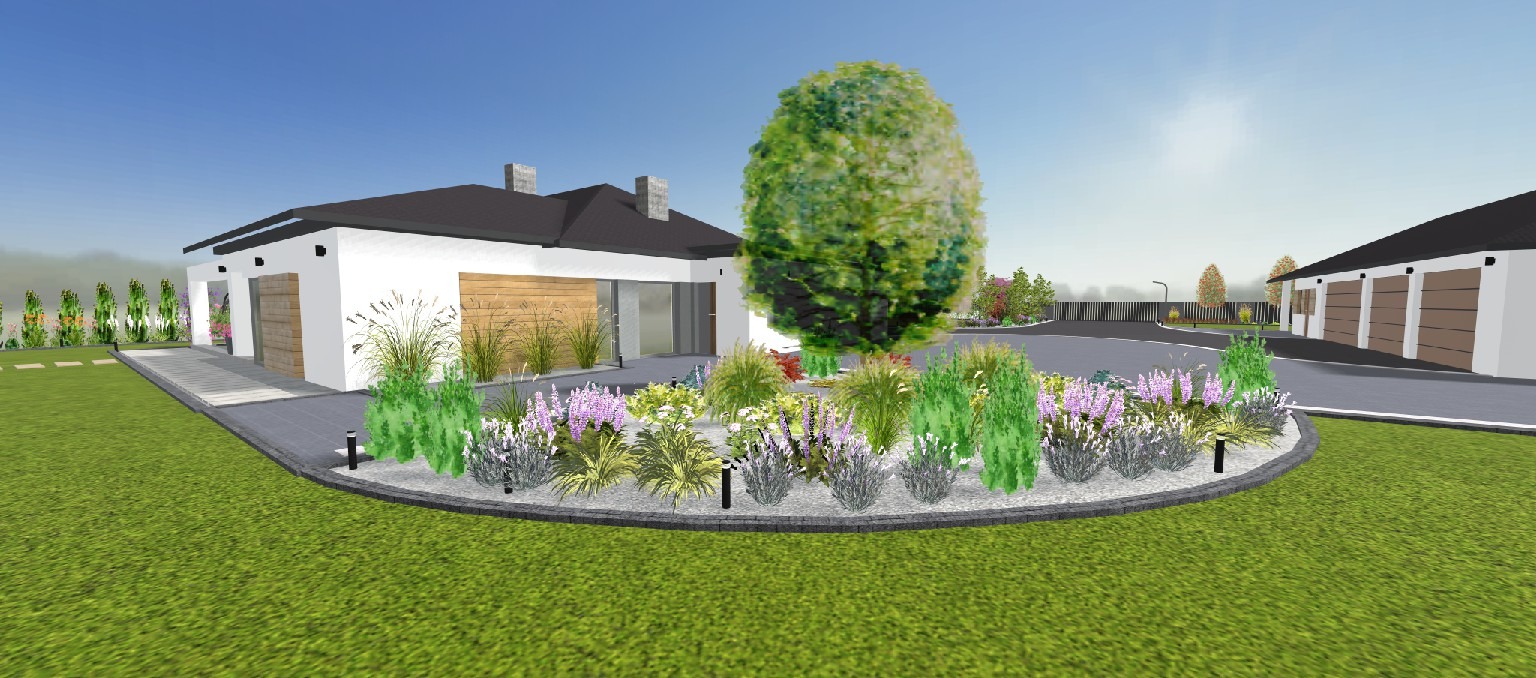 Wizualizacja ogrodu przed nowoczesnym domem z podjazdem, rabata z lawendą, trawami ozdobnymi i drzewem liściastym, oświetlenie rabat niskimi lampami.