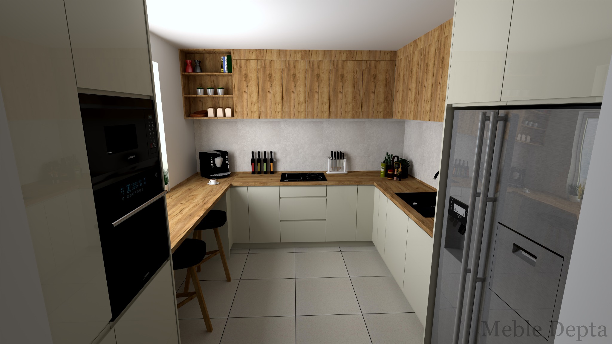 Jasna kuchnia w kształcie litery U z drewnianymi blatami, zabudowaną lodówką i piekarnikiem, oraz półką na ścianie.