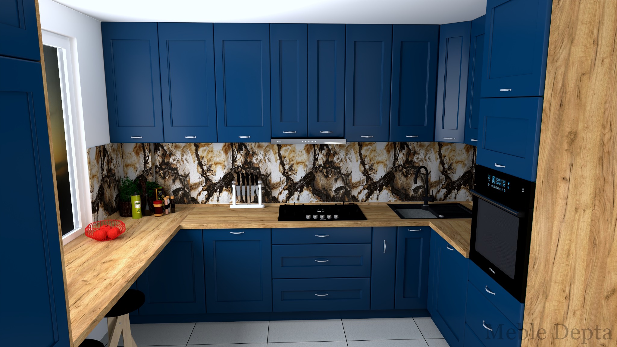 Nowoczesna kuchnia z niebieskimi frontami szafek i blatem imitującym drewno, dekoracyjny panel nad blatem, widoczne akcesoria kuchenne.
