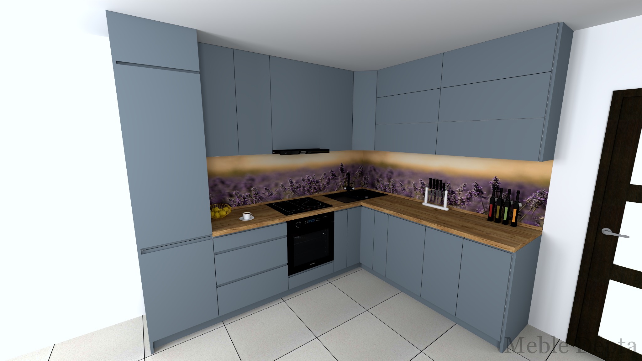 Wizualizacja kuchni z szarymi szafkami, drewnianym blatem i panelem z motywem lawendy, widok na narożnik z piekarnikiem.