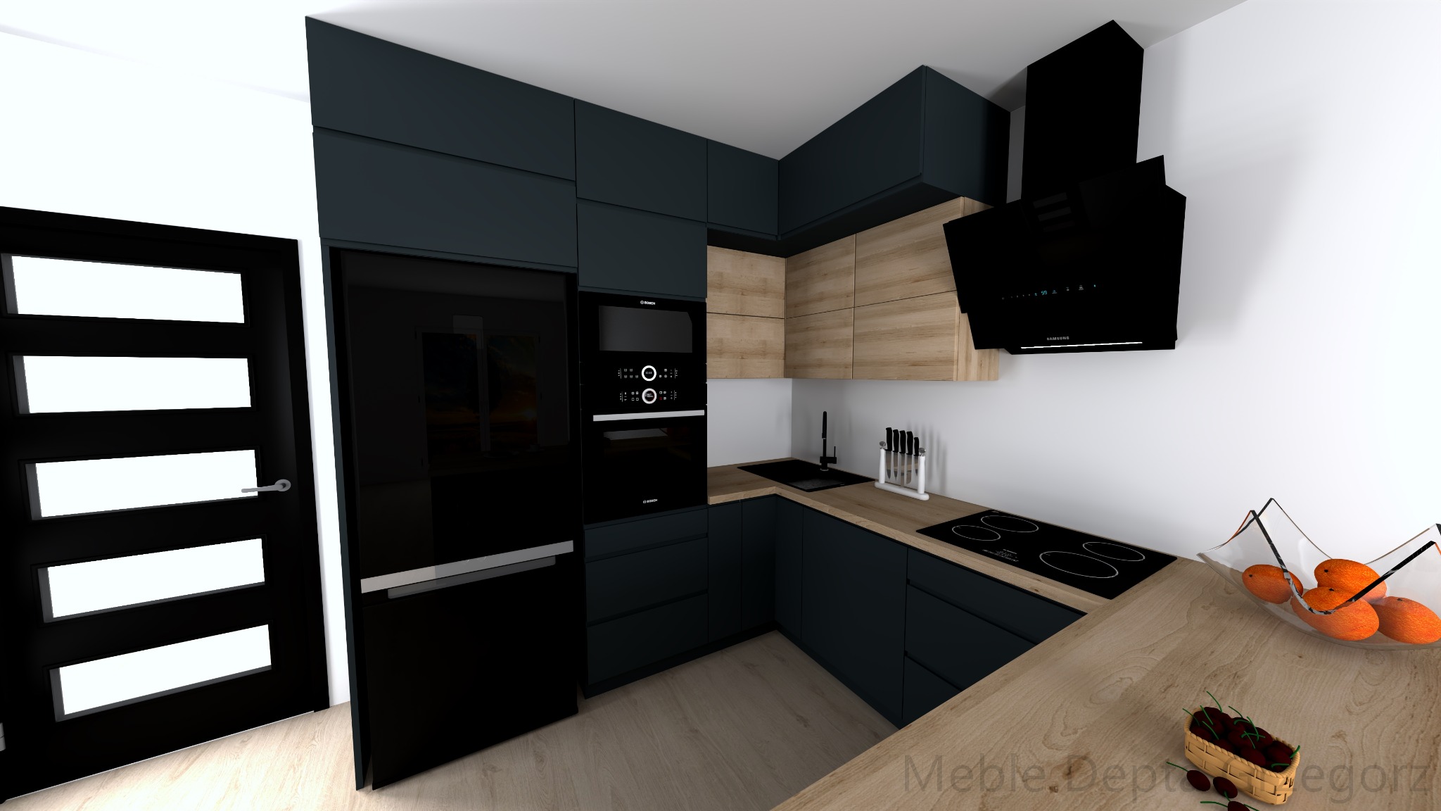 Wizualizacja nowoczesnej kuchni z ciemnymi szafkami, drewnianymi akcentami i czarnym sprzętem AGD, w tym lodówką, piekarnikiem i okapem.