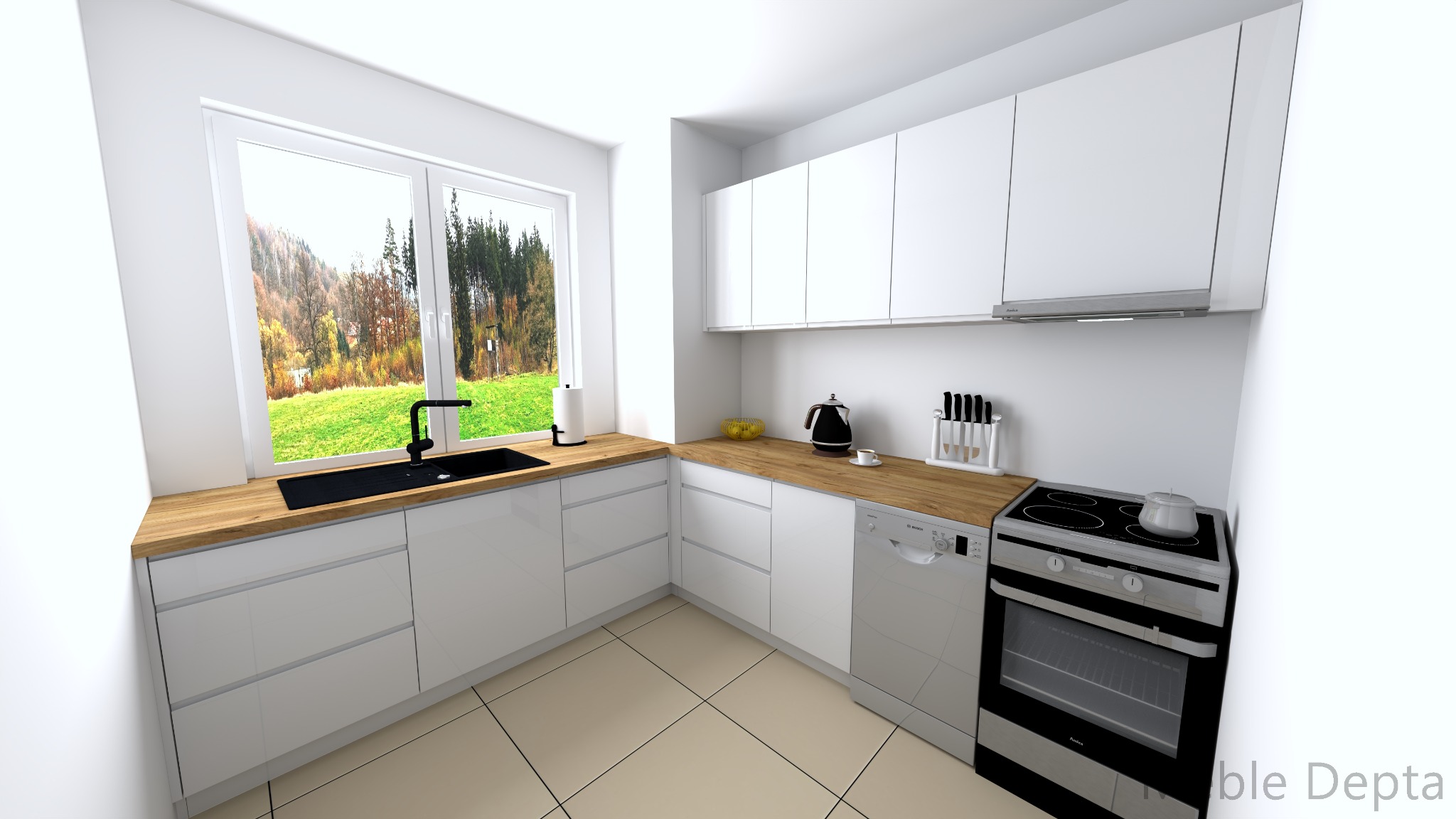 Nowoczesna, minimalistyczna kuchnia z białymi szafkami, drewnianym blatem i dużym oknem z widokiem na zielony krajobraz, czarny zlew i bateria, sprzęt AGD w zabudowie.