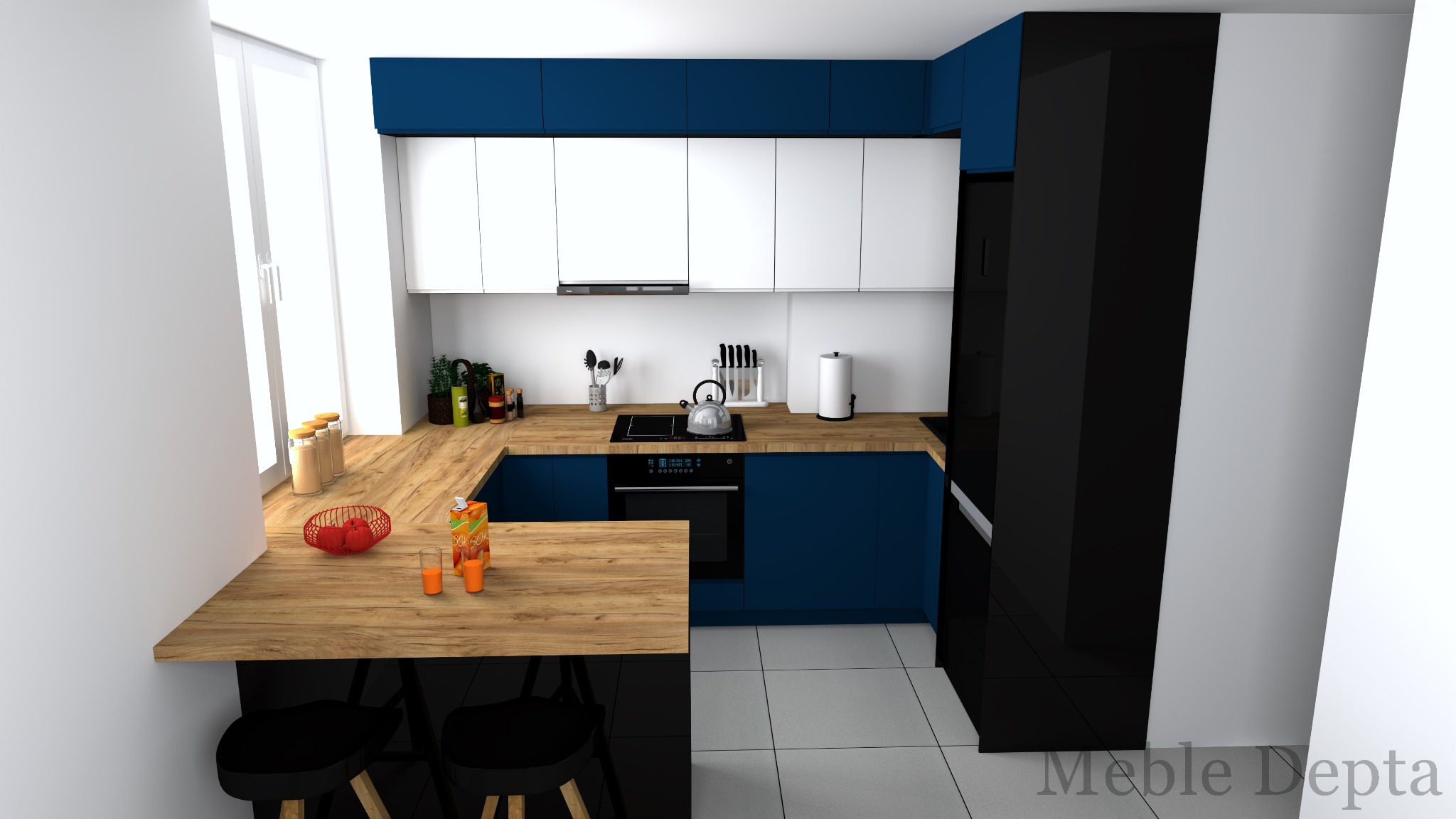 Wizualizacja nowoczesnej kuchni z niebieskimi szafkami dolnymi i białymi górnymi, drewnianym blatem, czarnym piekarnikiem i wysoką czarną zabudową, z barkiem i hokerami.