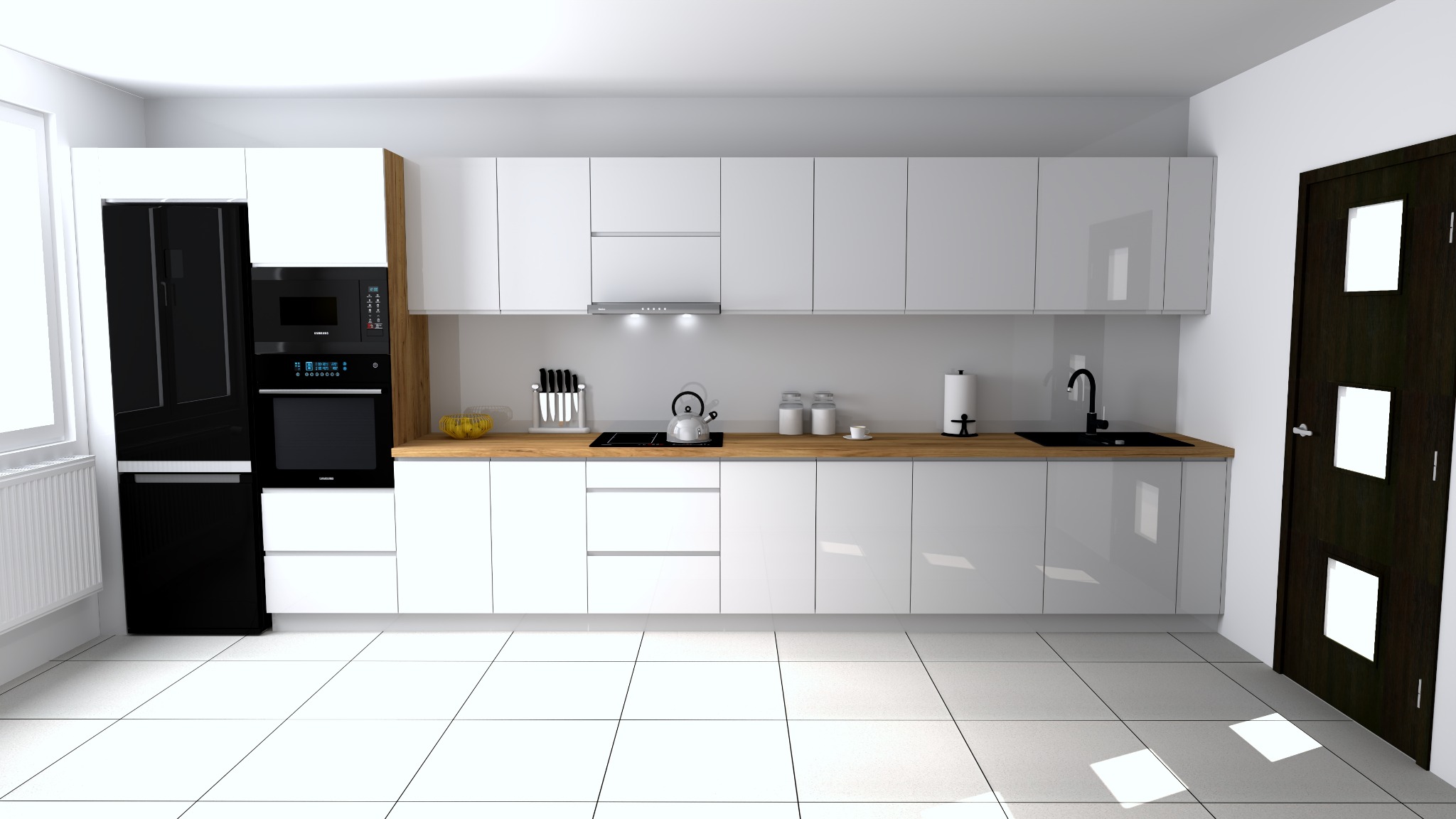 Nowoczesna kuchnia z białymi, błyszczącymi frontami szafek, drewnianym blatem i czarnym sprzętem AGD: lodówka, piekarnik, mikrofalówka.