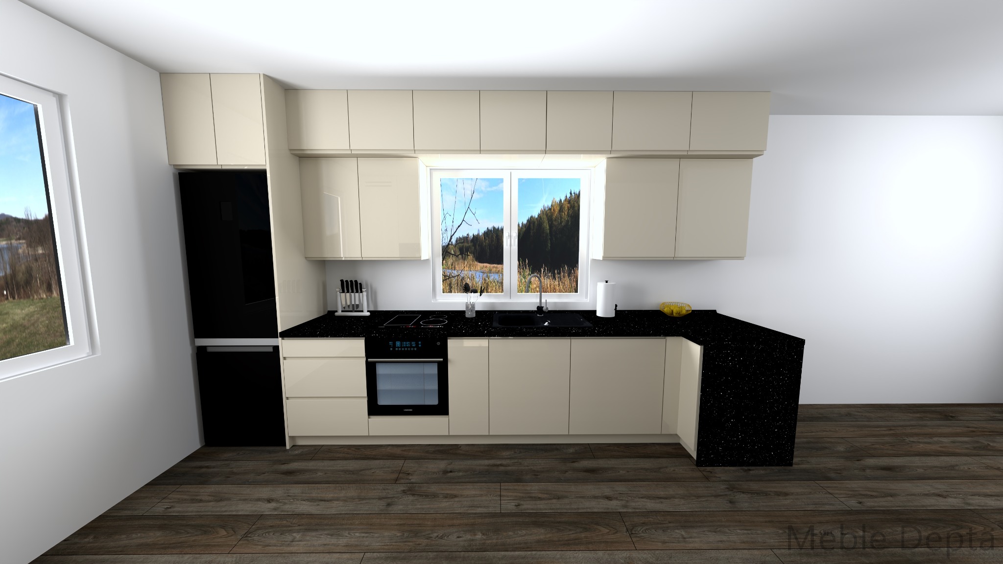 Wizualizacja kuchni z beżowymi szafkami na wymiar, czarnym blatem z drobinkami i wbudowanym sprzętem AGD, widok na okno z zielenią na zewnątrz.