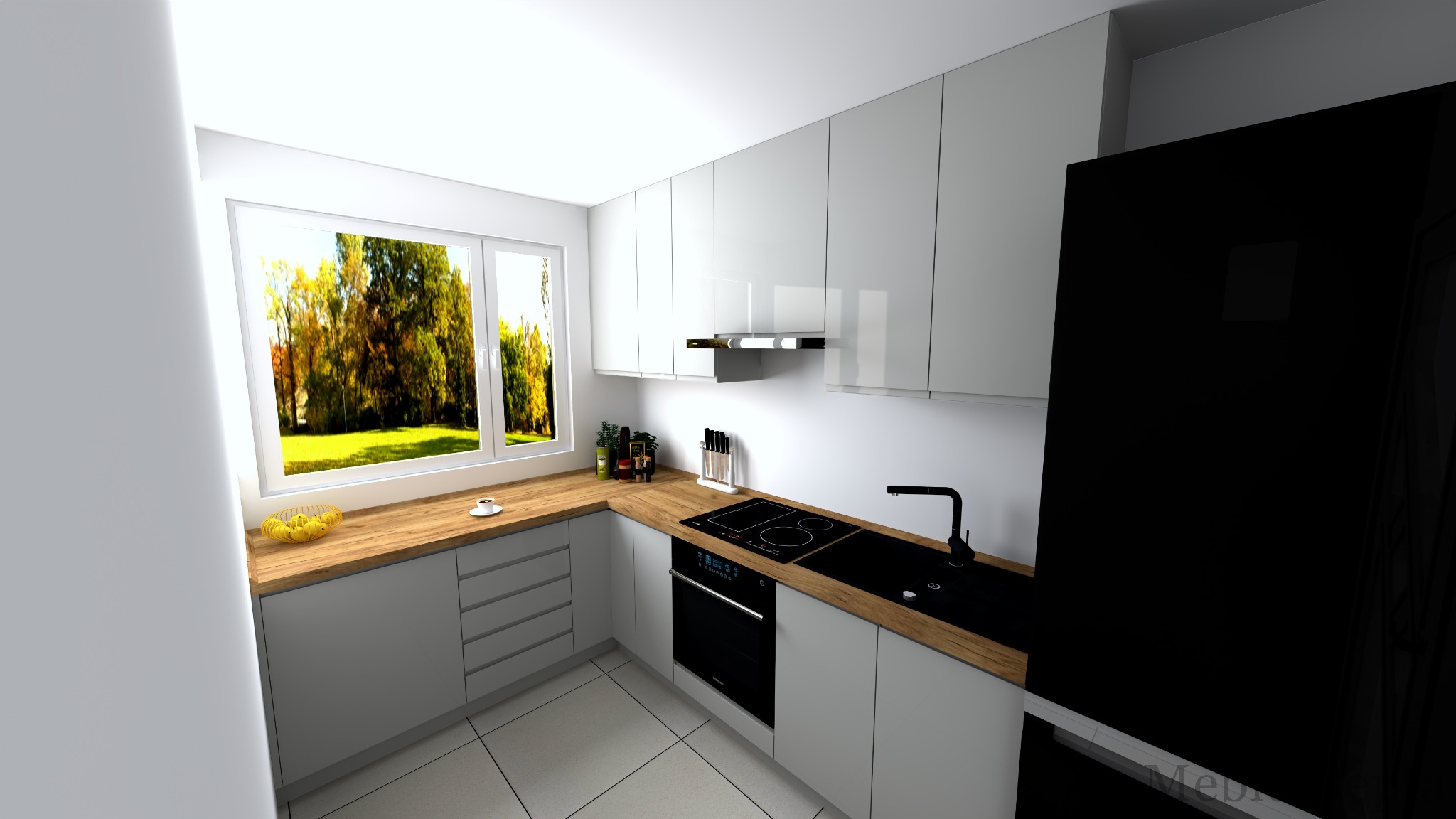 Wnętrze nowoczesnej kuchni z białymi szafkami, drewnianym blatem, czarnym piekarnikiem i widokiem na jesienny krajobraz za oknem.