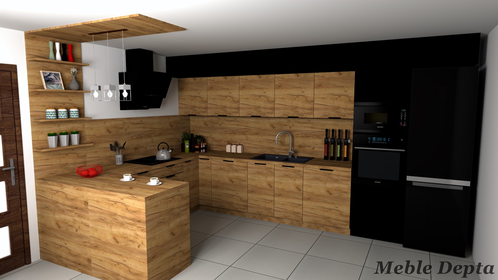 Wizualizacja nowoczesnej kuchni z drewnianymi frontami szafek, czarnym sprzętem AGD i elementami dekoracyjnymi na półkach.