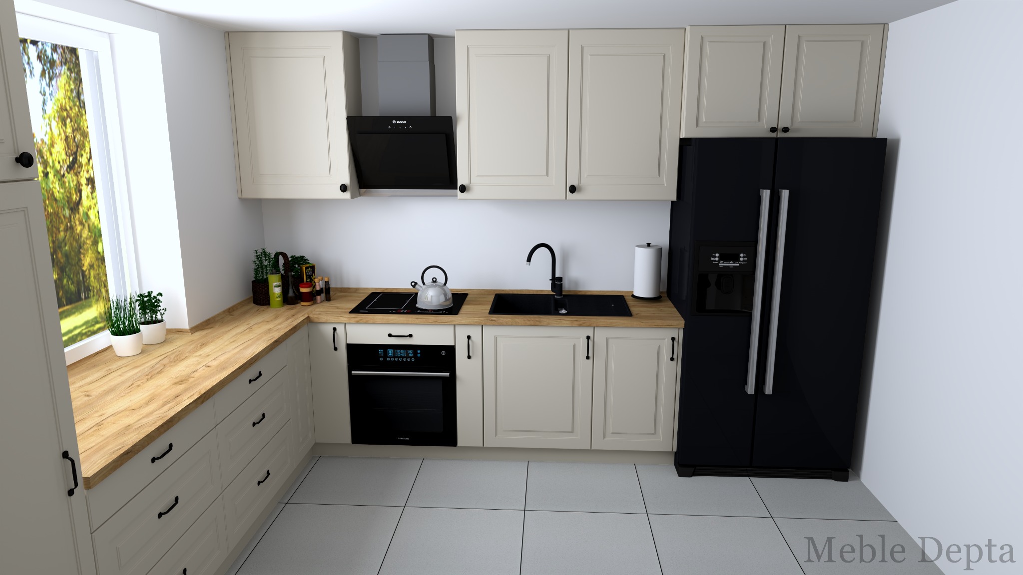 Jasna kuchnia z drewnianym blatem, czarnym sprzętem AGD i białymi frontami szafek z frezowanymi ramkami.