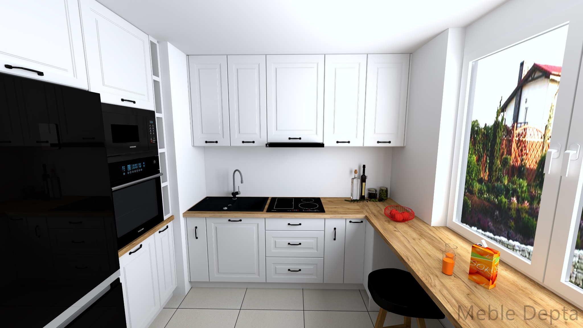 Wizualizacja białej kuchni z drewnianym blatem, czarnym sprzętem AGD i widokiem z okna na ogród.