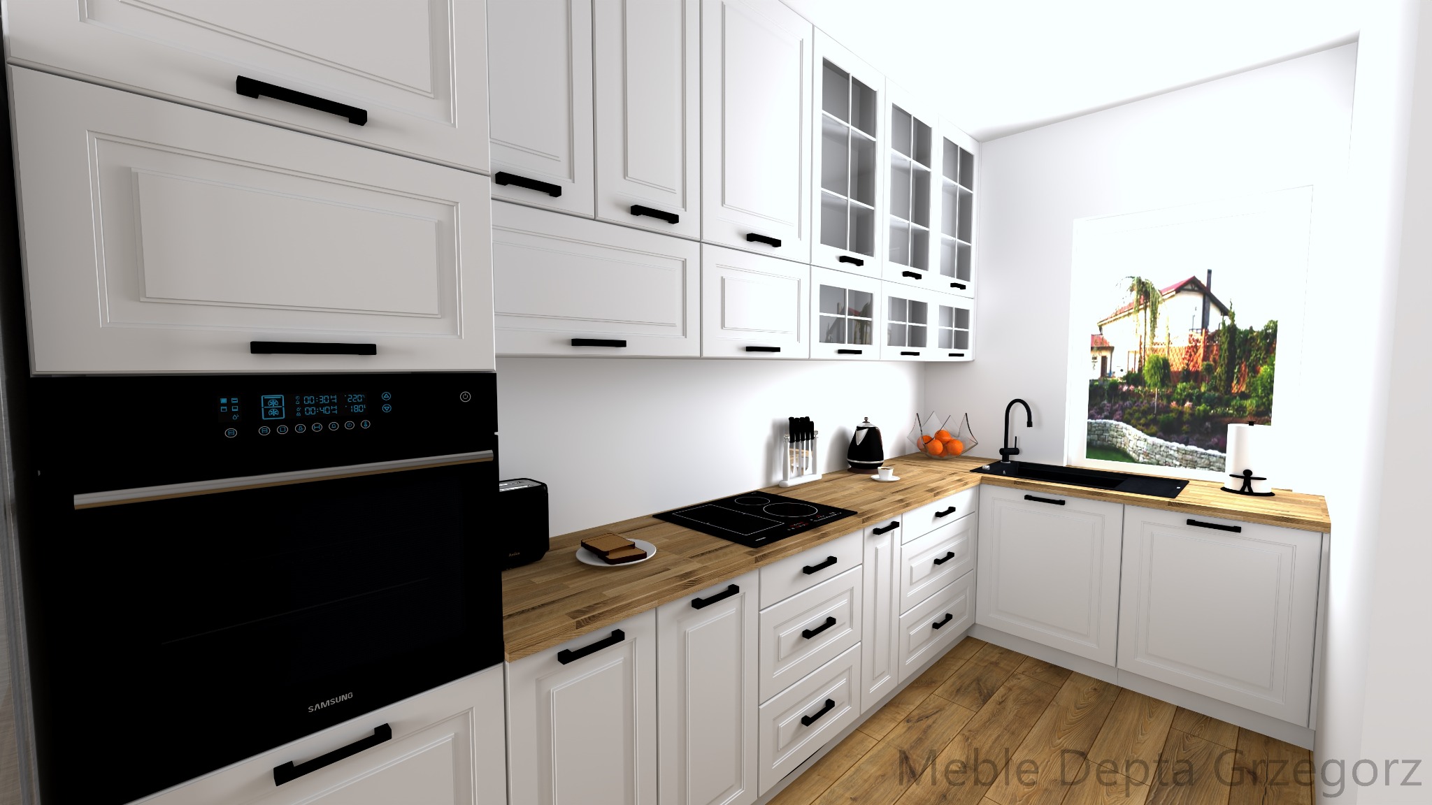 Wizualizacja nowoczesnej kuchni z białymi szafkami z czarnymi uchwytami, drewnianym blatem, czarną płytą grzewczą i piekarnikiem Samsung oraz widokiem na ogród przez okno.
