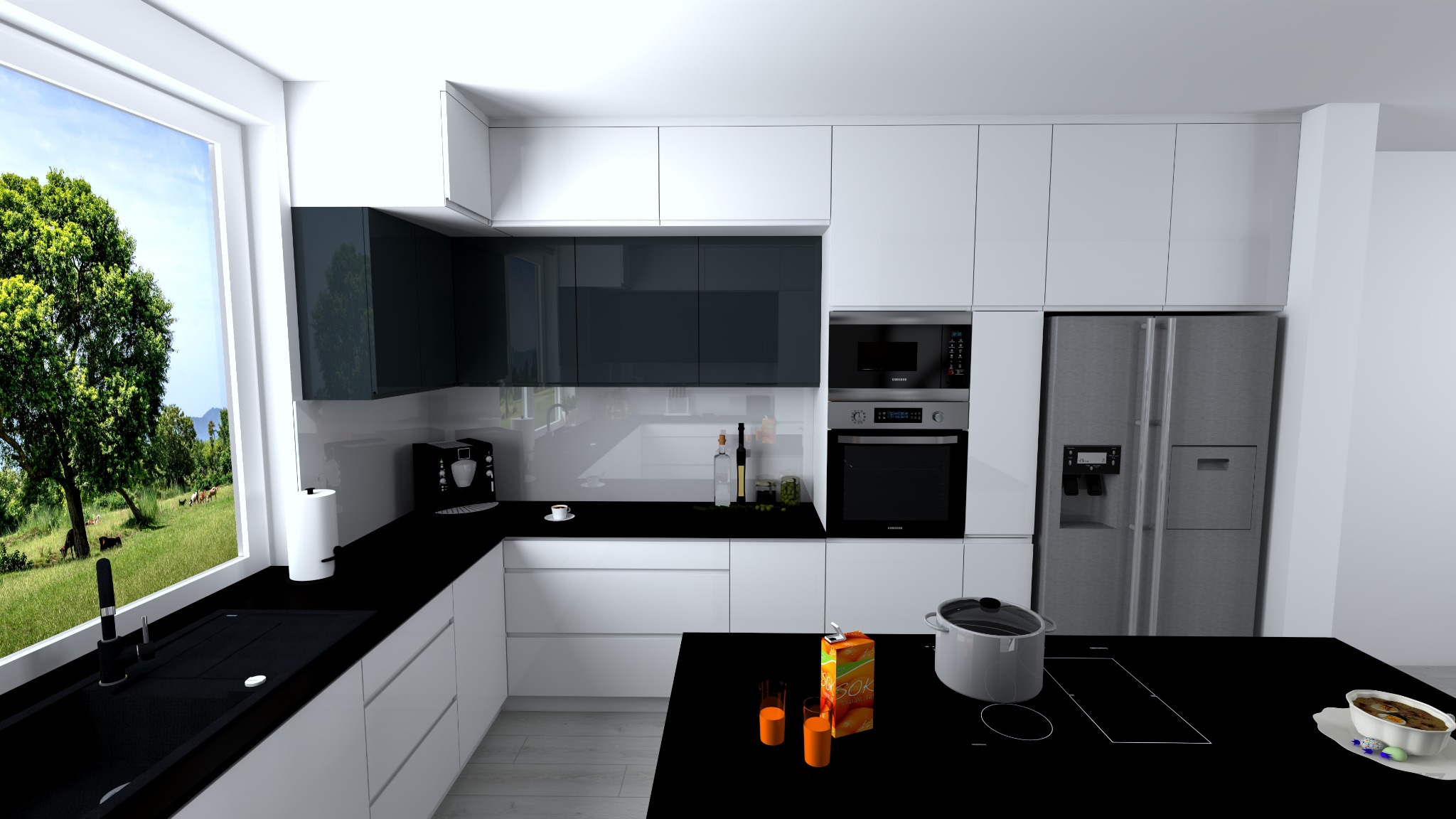 Wizualizacja nowoczesnej kuchni z białymi szafkami i czarnym blatem, widok na zielony krajobraz za oknem, ekspres do kawy i akcesoria kuchenne na blacie.