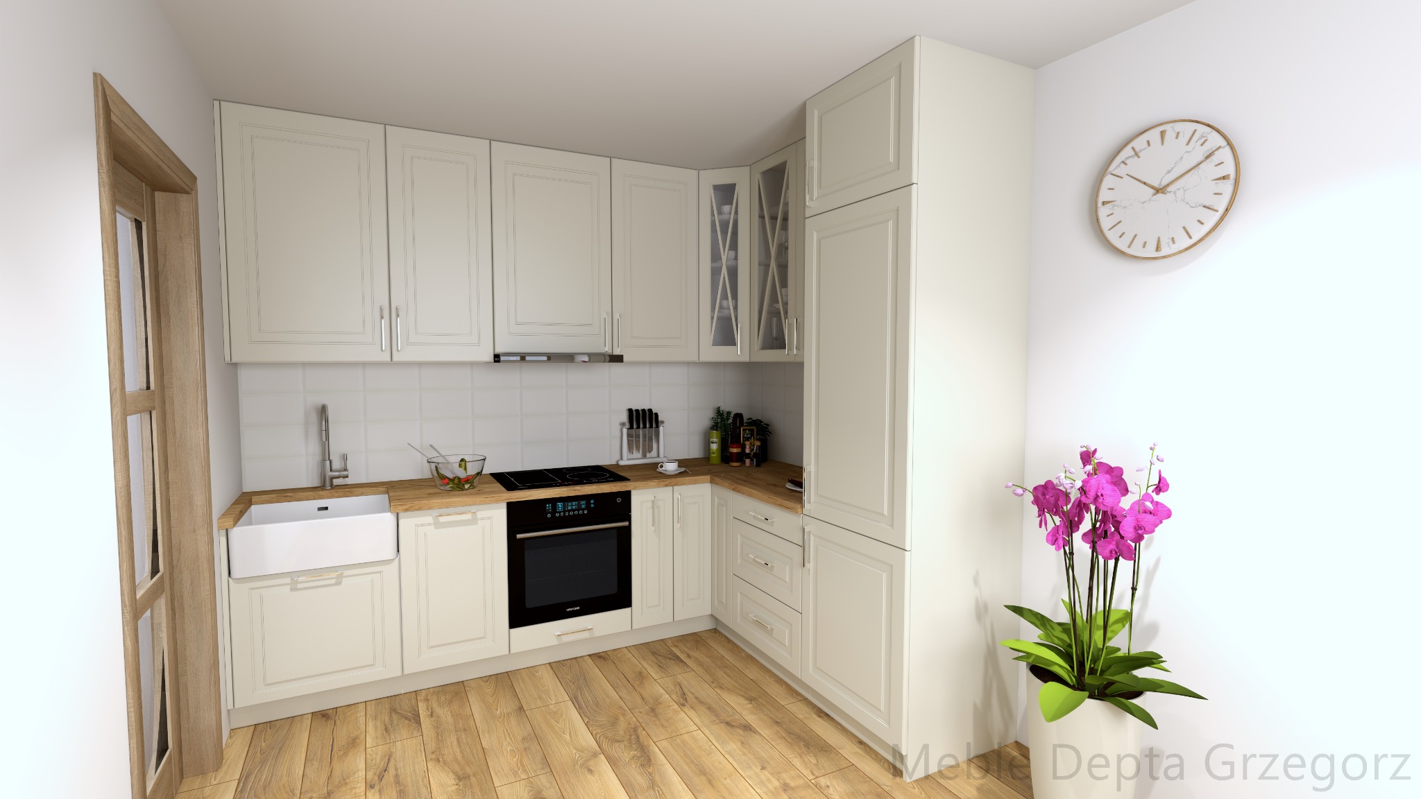 Jasna, klasyczna zabudowa kuchenna w Dąbrowie Górniczej z drewnianymi blatami, białym zlewem farmerskim i kwadratowymi płytkami na ścianie, uzupełniona o dekoracyjny zegar i kwiaty.