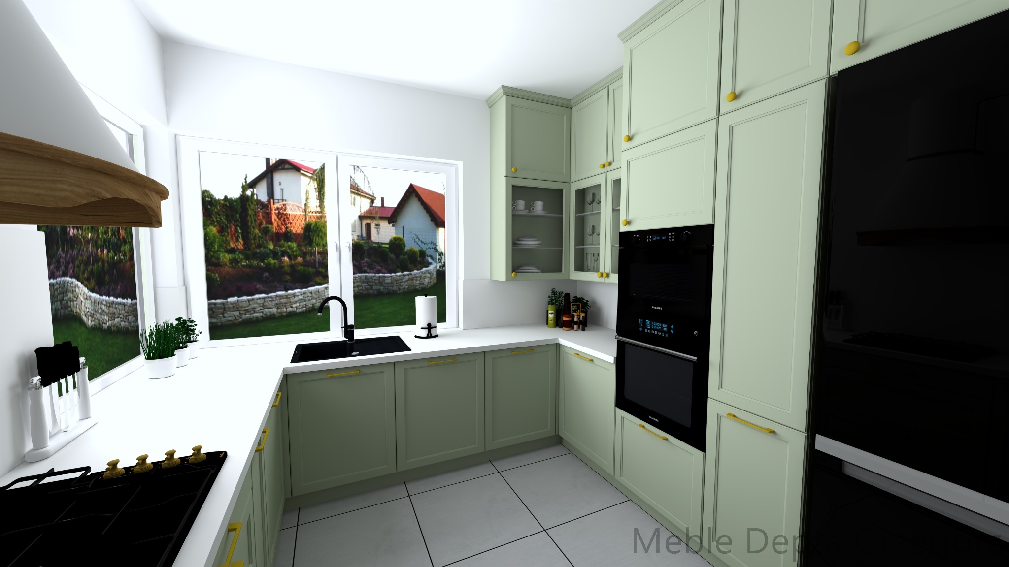 Wizualizacja kuchni z jasnozielonymi szafkami, złotymi uchwytami i czarnym zlewem, z widokiem na dom i ogród za oknem.