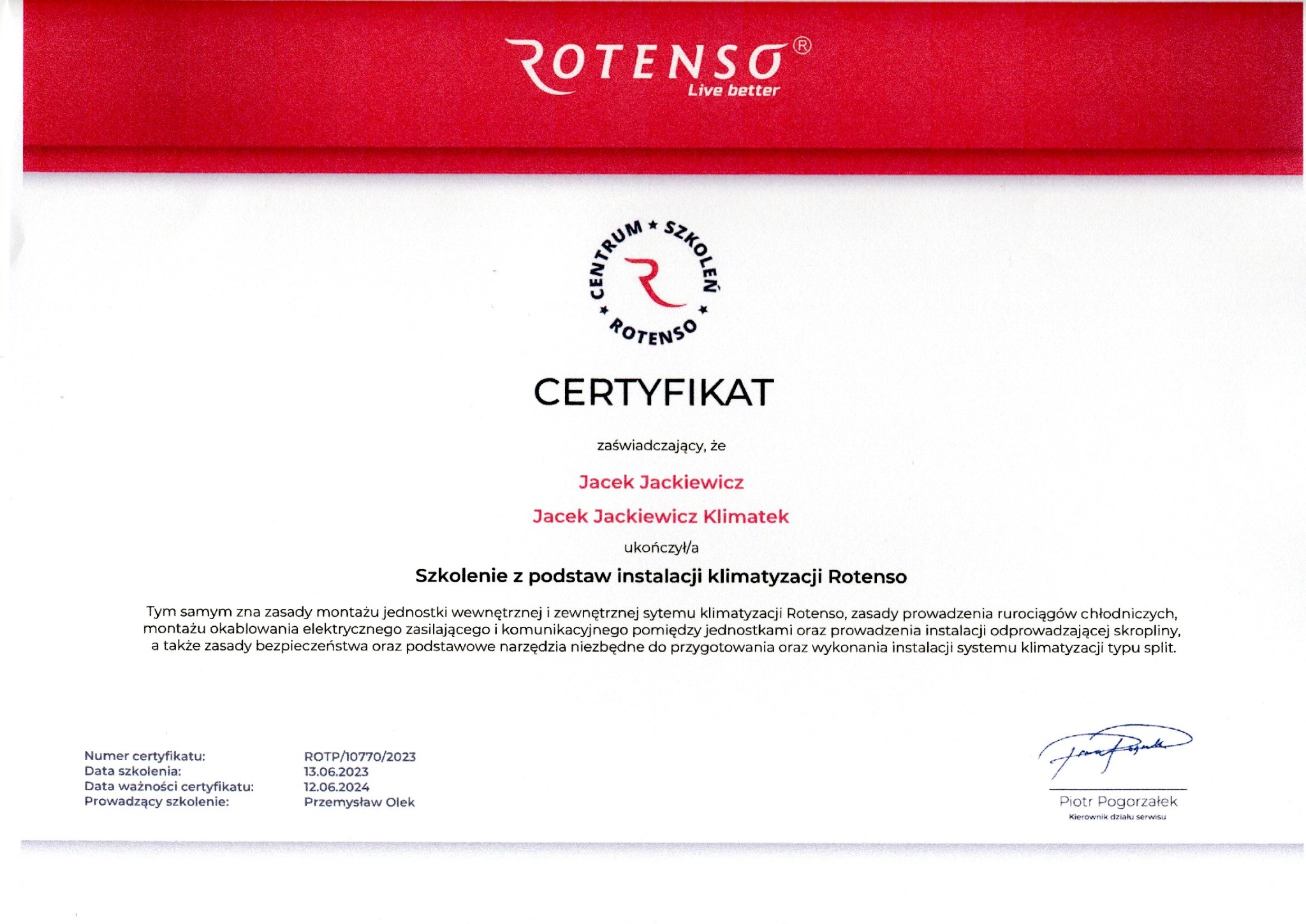 Certyfikat ukończenia szkolenia z podstaw instalacji klimatyzacji Rotenso dla Jacka Jackiewicza, wydany 13.06.2023, ważny do 12.06.2024, z podpisem Piotra Pogorzałka, kierownika działu serwisu.