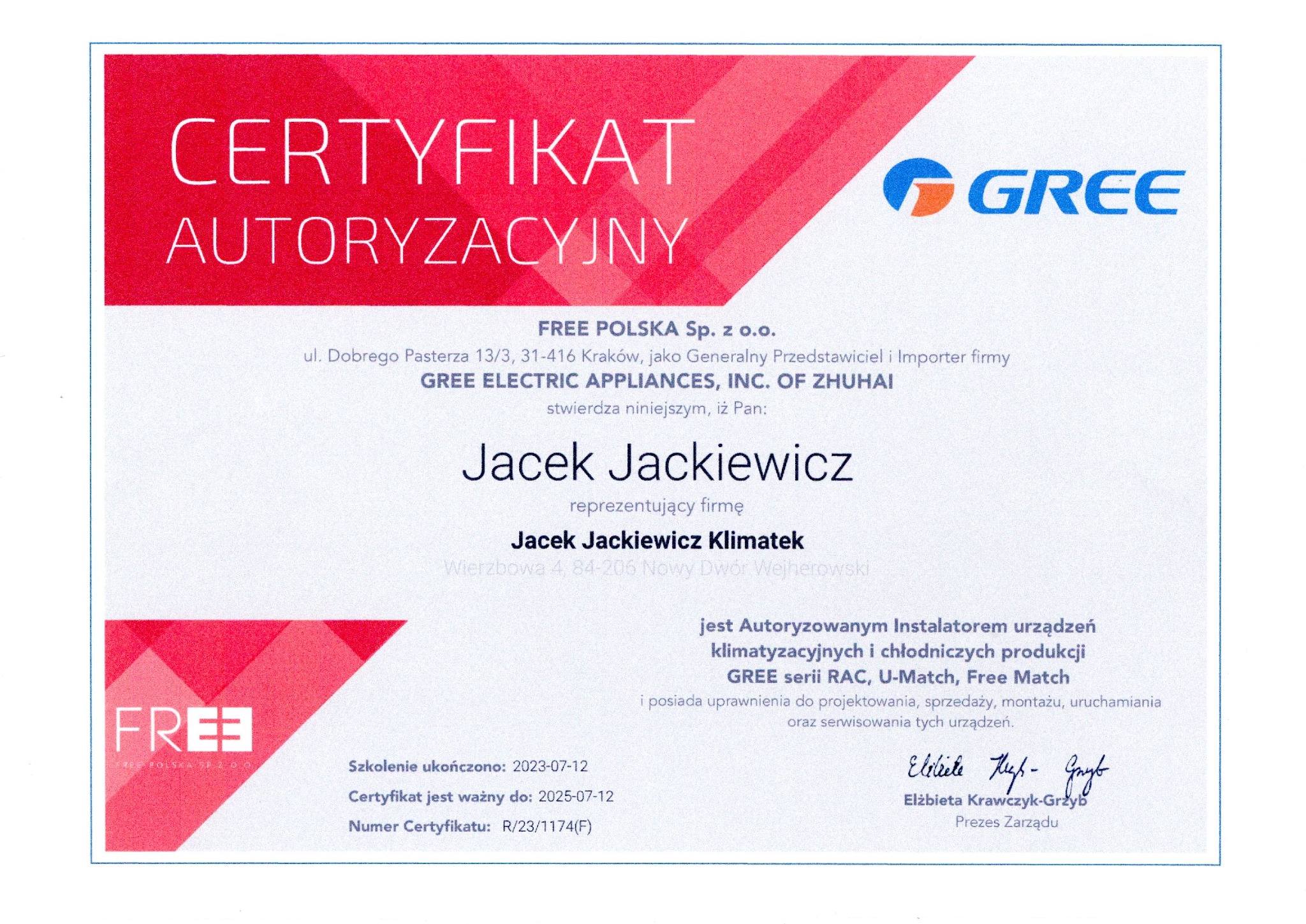 Certyfikat autoryzacyjny firmy Jacek Jackiewicz Klimatek, autoryzowanego instalatora urządzeń klimatyzacyjnych GREE, ważny do 2025-07-12, z podpisem Prezesa Zarządu Elżbiety Krawczyk-Grzyb.