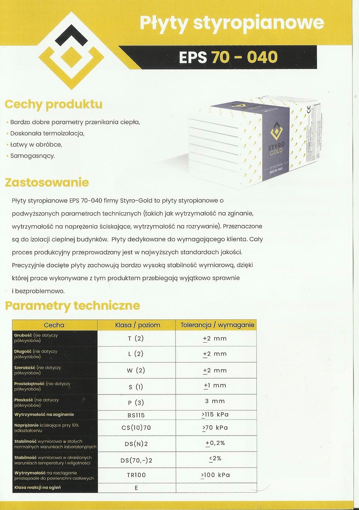 Broszura informacyjna produktu izolacyjnego EPS 70-040 firmy Styro-Gold, prezentująca cechy, zastosowanie i parametry techniczne płyt izolacyjnych.