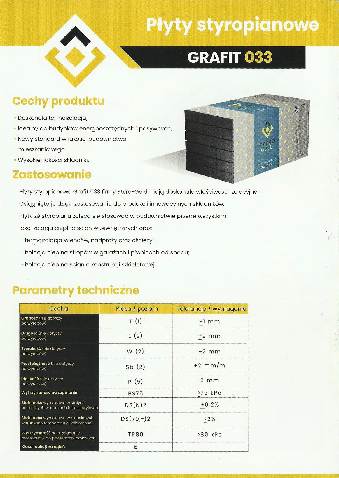 Płyty styropianowe Grafit 033 firmy Styro-Gold, opakowanie z widocznym logo i specyfikacją produktu.