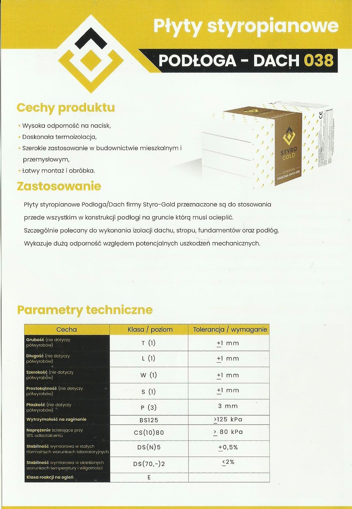 Informacja produktowa: Płyty izolacyjne podłoga-dach Styro-Gold z parametrami technicznymi i właściwościami użytkowymi przedstawiona na ulotce reklamowej.