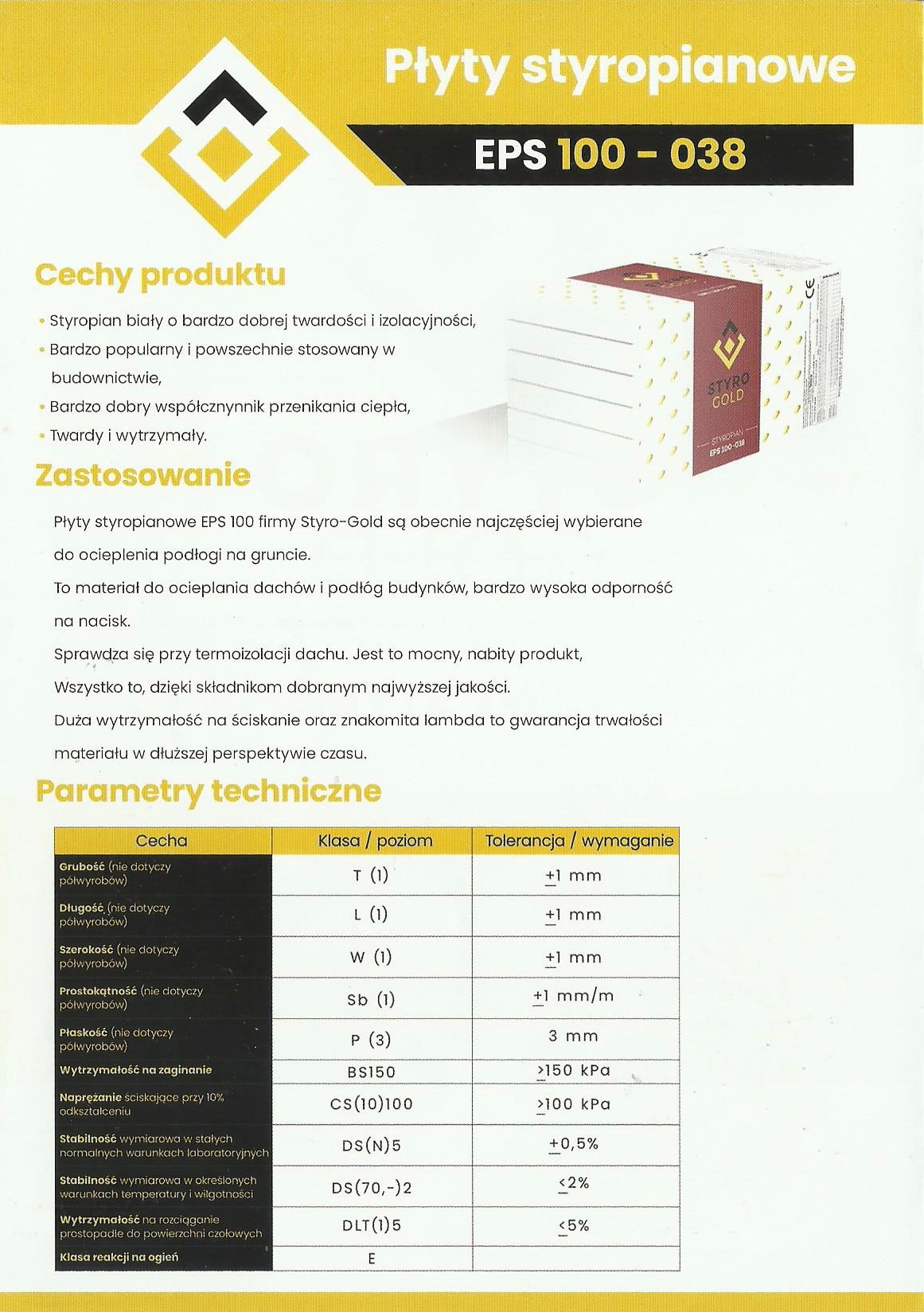 Ulotka informacyjna płyt izolacyjnych EPS 100-038 Styro-Gold z charakterystyką produktu i parametrami technicznymi w formie tabeli.