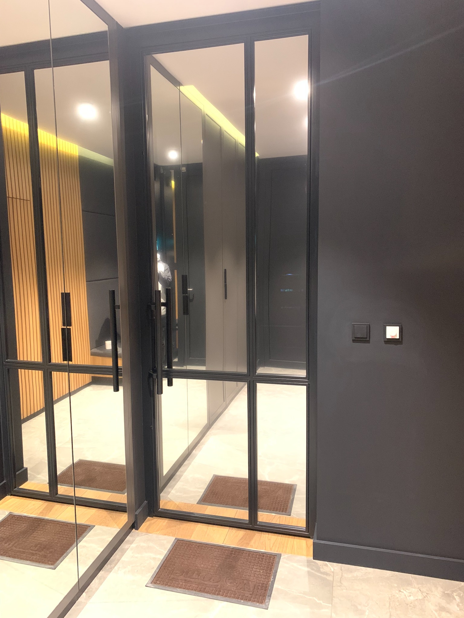 Nowoczesna łazienka z przeszklonymi drzwiami w metalowej ramie, widok na wnętrze z oświetleniem LED i szarą szafą w zabudowie, brązowe wycieraczki przed wejściem.