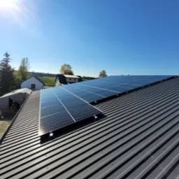 Panel słoneczny na dachu z blachy trapezowej, widok z góry, błękitne niebo w tle.