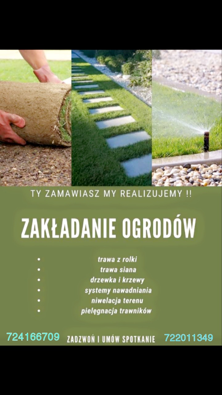 Reklama usług ogrodniczych: układanie trawy z rolki, ścieżka z płyt w trawie, system nawadniania trawnika.
