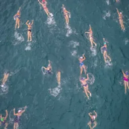 Widok z góry na grupę osób pływających w otwartym morzu w kolorowych strojach i czepkach, z widocznymi falami i pianą tworzoną przez ruchy pływaków.