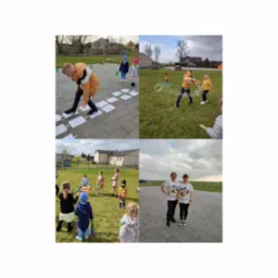 Mozaika zdjęć z animacji dla dzieci: chłopiec skaczący po kartkach, dzieci puszczające gigantyczne bańki mydlane, grupa dzieci z kolorowymi rekwizytami, dwie kobiety w pasujących koszulkach.