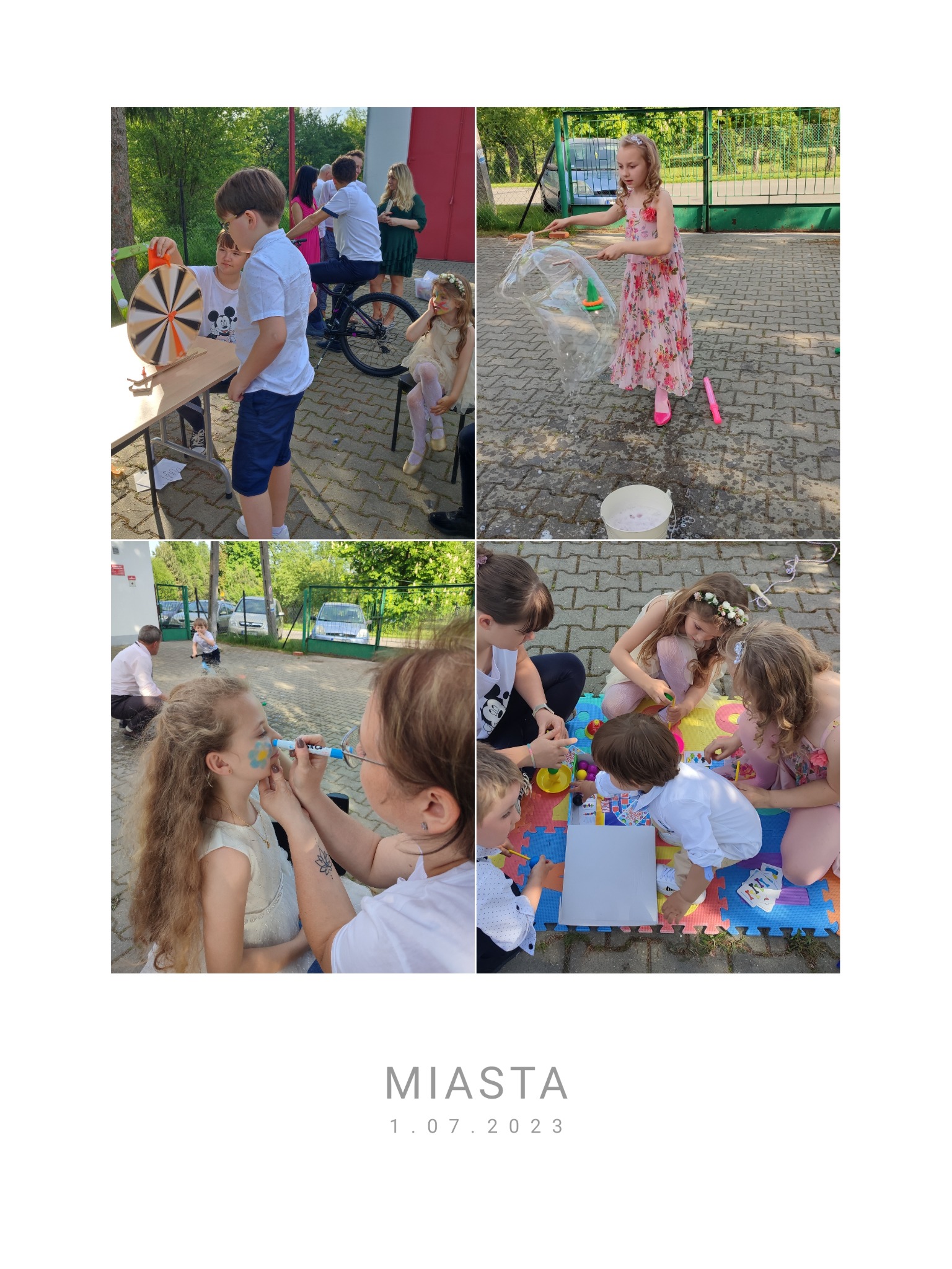 Kolaż zdjęć z imprezy plenerowej dla dzieci: dziewczynka puszcza bańki mydlane, malowanie twarzy, dzieci bawią się na macie edukacyjnej i kręcą kołem fortuny.
