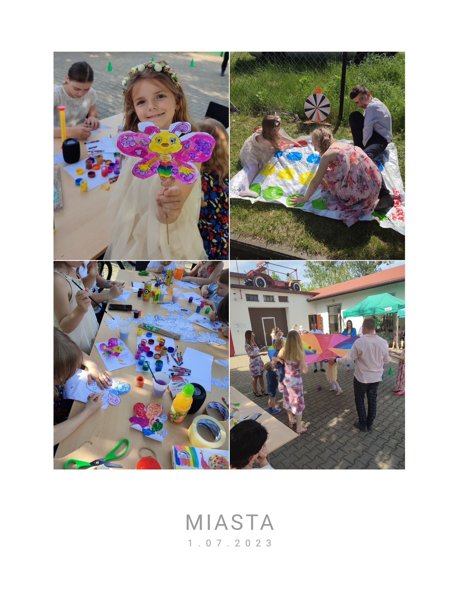 Kolaż zdjęć z imprezy plenerowej w Zgierzu: dziewczynka prezentuje kolorowego motyla z papieru, dzieci grają w Twistera na trawie, grupa osób trzyma tęczową chustę animacyjną, inne dzieci malują...