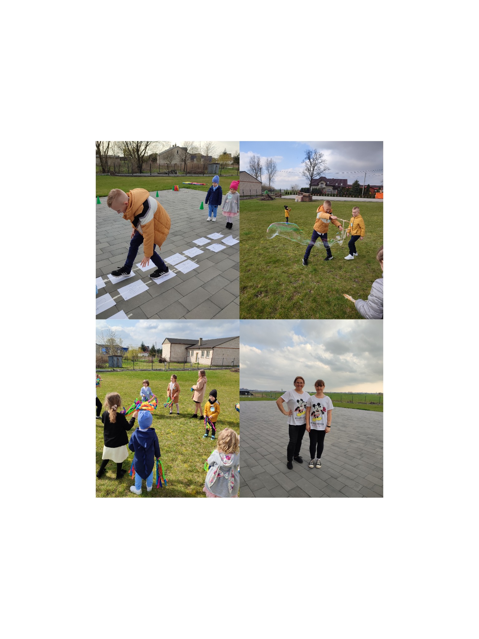 Mozaika zdjęć z animacji dla dzieci: chłopiec skaczący po kartkach, dzieci puszczające gigantyczne bańki mydlane, grupa dzieci z kolorowymi rekwizytami, dwie kobiety w pasujących koszulkach.