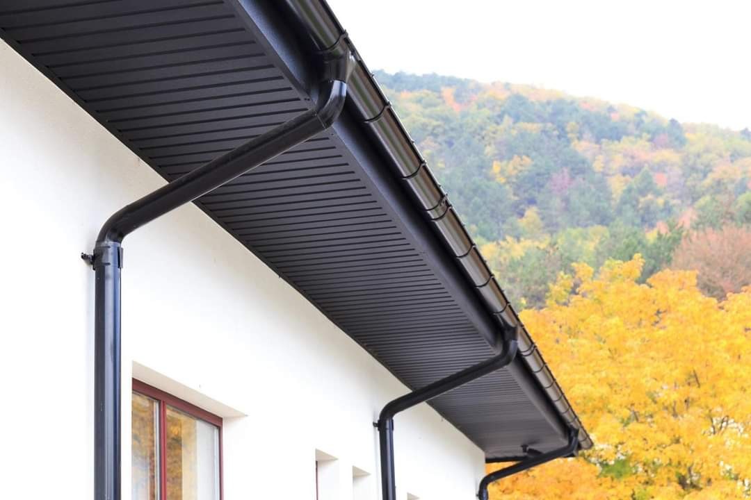 Czarne rynny zamontowane na białej ścianie domu z widokiem na jesienny las w tle.
