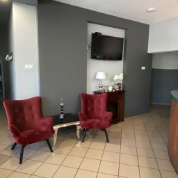 F.U. HILL - Nowoczesna aranżacja wnętrza biura z dwoma czerwonymi, welurowymi fotelami, czarnym stolikiem kawowym i telewizorem na szarej ścianie; widoczna lampka nocna i dekoracje.