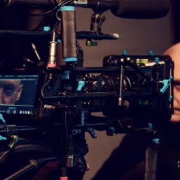 Profesjonalna kamera filmowa z podglądem na ekranie, na którym widoczny jest fragment twarzy filmowanej osoby. W tle widoczny zarys głowy mężczyzny.