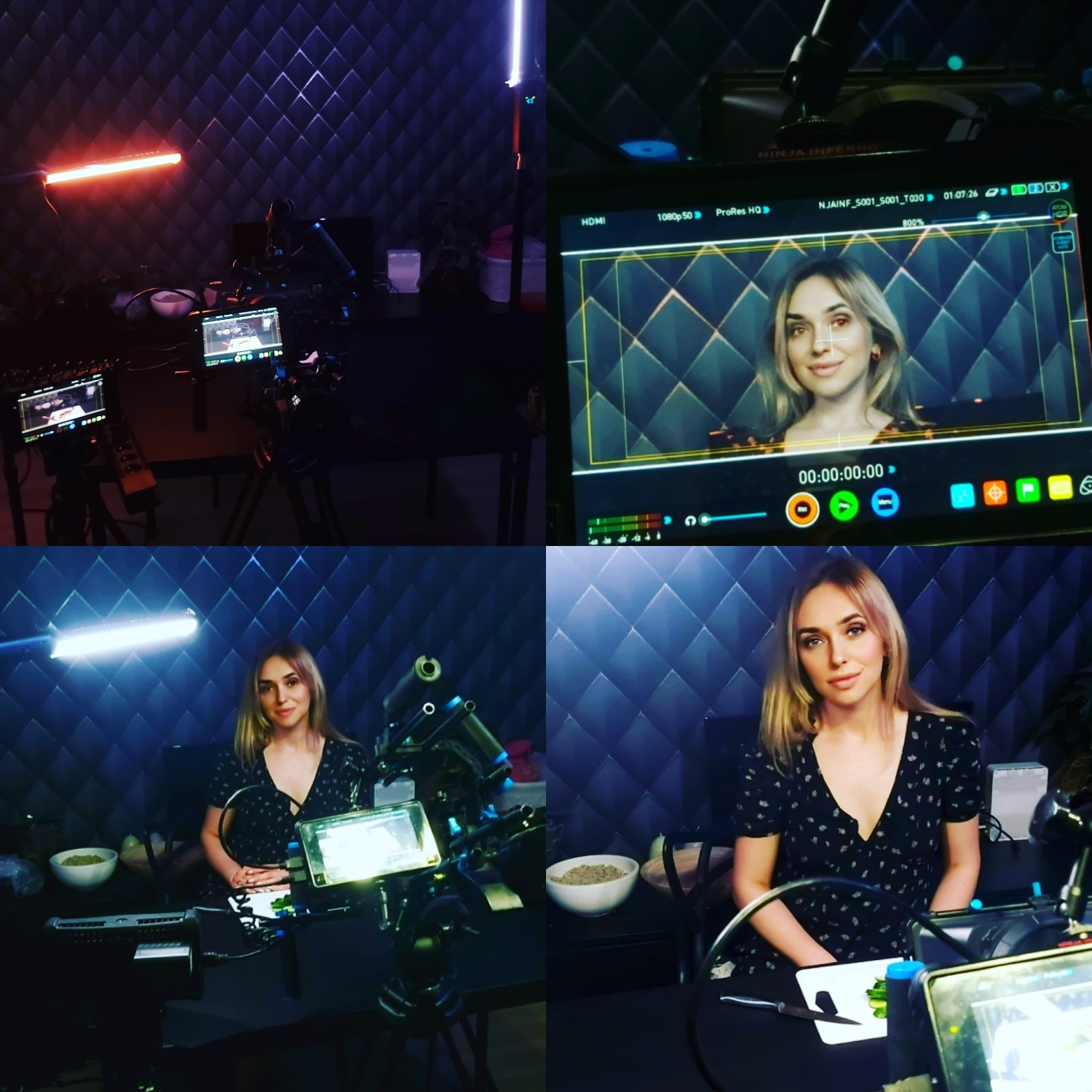 Kobieta na planie filmowym w Piotrków Trybunalski, widoczna na monitorze kamery. Ujęcie zza kulis produkcji wideo, oświetlenie studyjne i sprzęt filmowy.