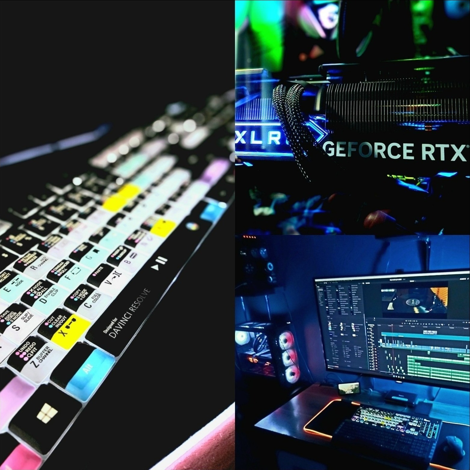 Stanowisko do montażu wideo z klawiaturą dedykowaną do DaVinci Resolve, kartą graficzną GeForce RTX i monitorem z widokiem osi czasu projektu.