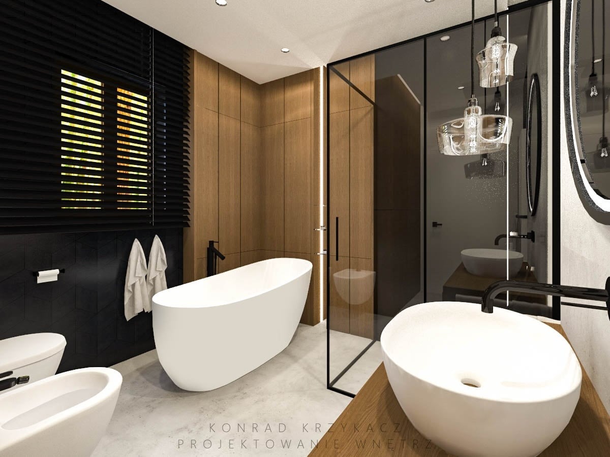 Wizualizacja nowoczesnej łazienki z wolnostojącą wanną, kabiną prysznicową ze szklanymi drzwiami, umywalką nablatową na drewnianym blacie i czarnymi akcentami, takimi jak rolety i armatura.