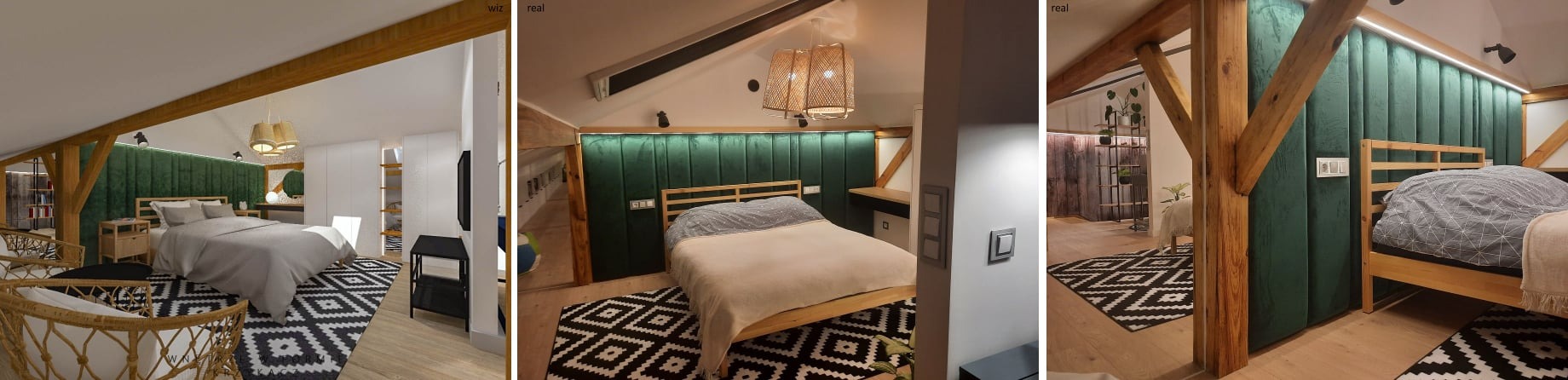 Jasna sypialnia na poddaszu z drewnianymi belkami stropowymi, zielonym panelem ściennym za łóżkiem i dywanem w geometryczne wzory.