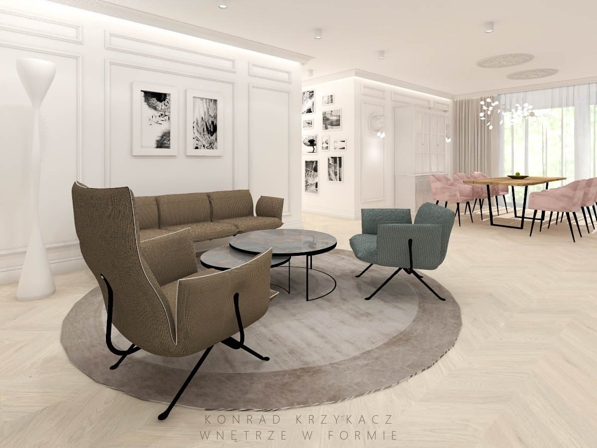 Wizualizacja jasnego salonu w stylu klasycznym z nowoczesnymi akcentami, z beżową sofą, okrągłym stolikiem kawowym, dwoma fotelami (jeden szary, drugi brązowy) na okrągłym dywanie, białymi ścianami...