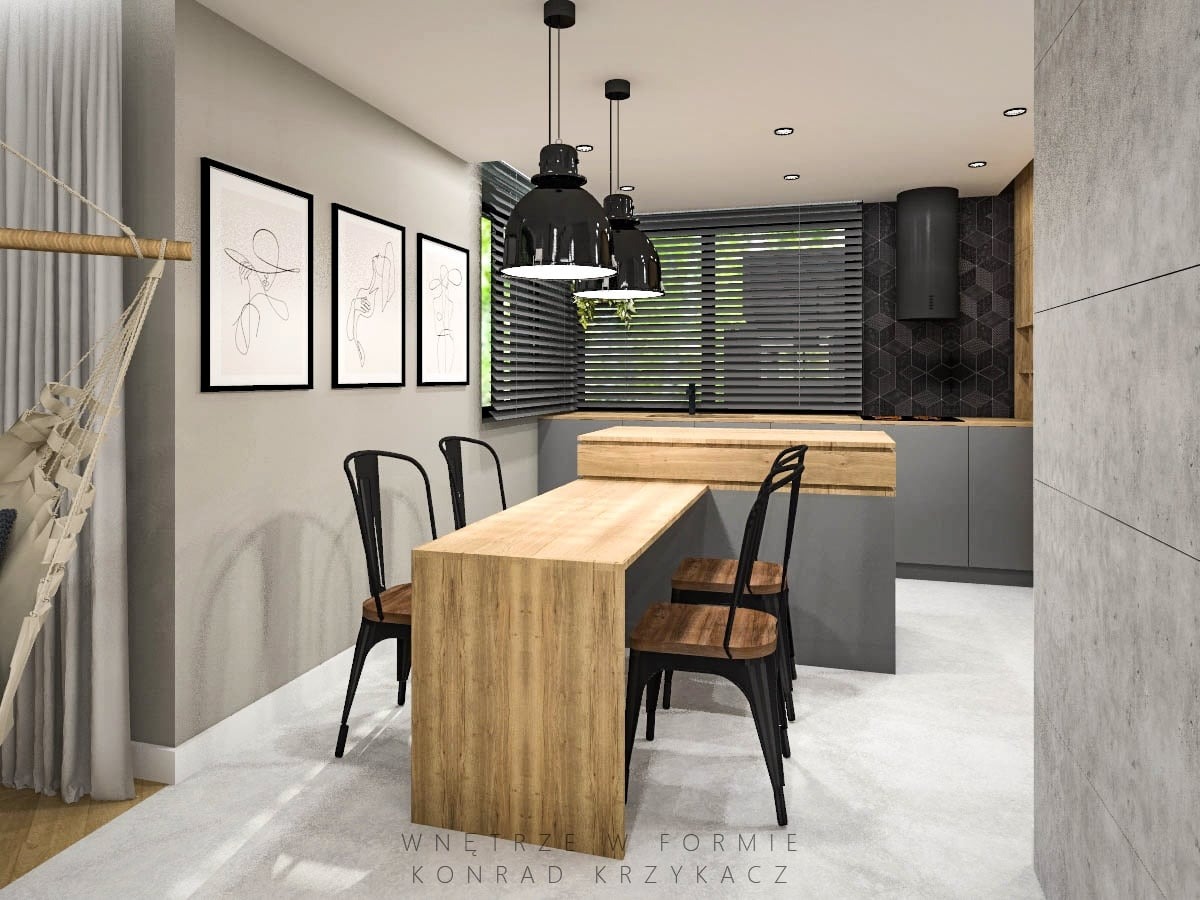 Wizualizacja nowoczesnej kuchni z drewnianym blatem, czarnymi lampami wiszącymi i minimalistycznymi obrazami na ścianie, uzupełniona o hamak w rogu pomieszczenia.