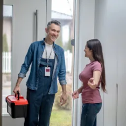 Uśmiechnięty monter w niebieskim kombinezonie i z identyfikatorem na szyi, trzyma czerwoną skrzynkę z narzędziami i rozmawia z klientką w nowym, jasnym wnętrzu domu.