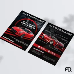 Dwa czarne, błyszczące foldery reklamowe Auto Detailingu, prezentujące czerwone sportowe samochody, usługi detailingu, kontakt i adres firmy z Łaskarzewa.